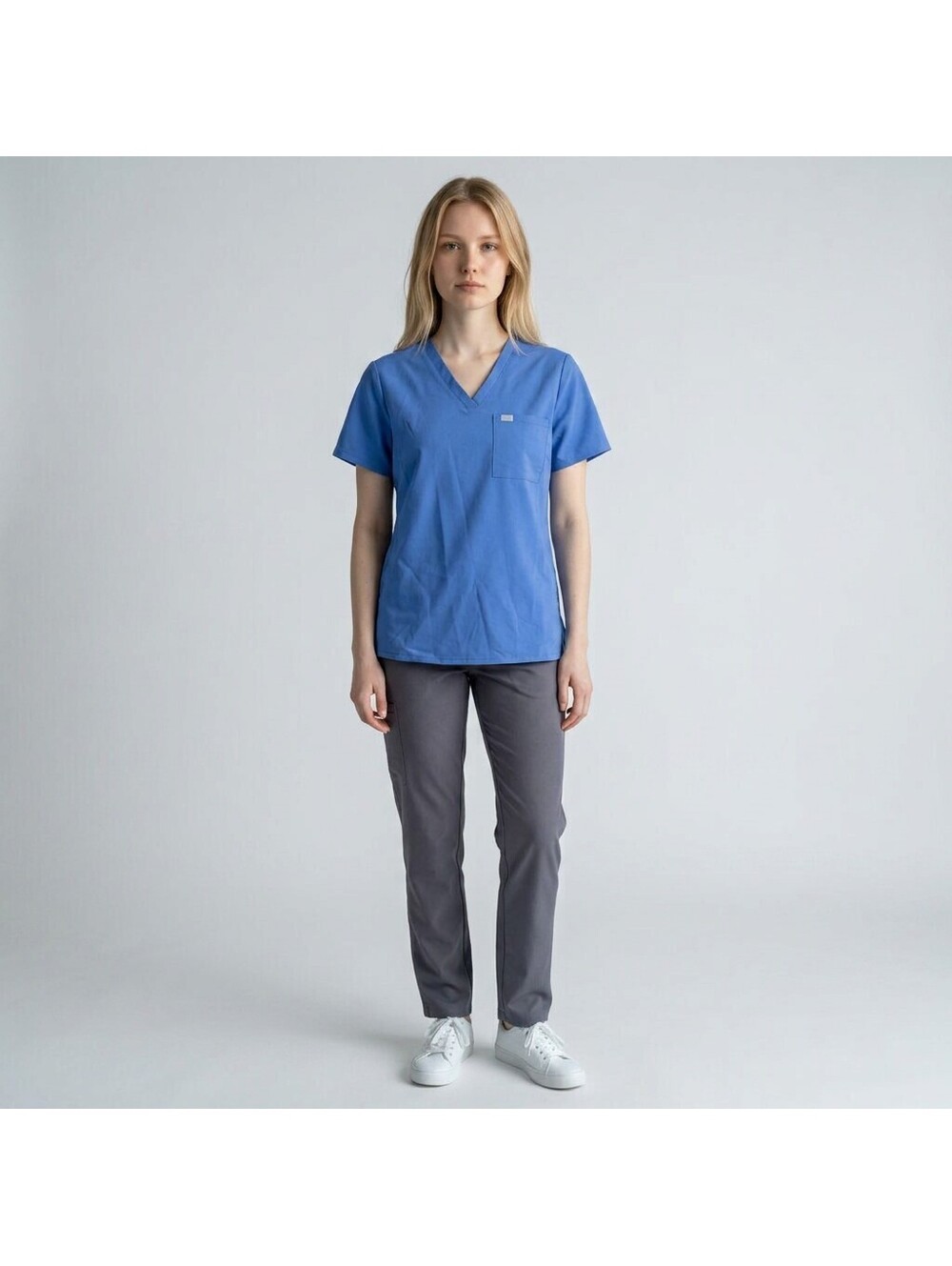 Fabletics Scrub Top Women S Small Blue V-Neck Short Sleeve Pockets Workwear